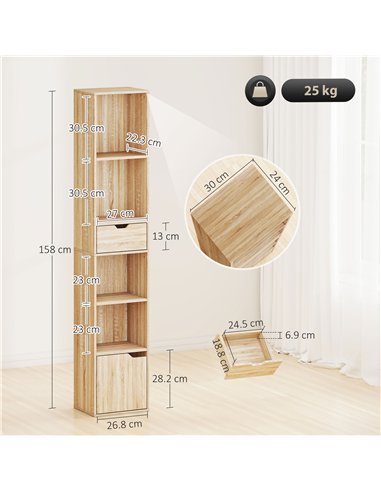 HOMCOM 6-Tier Bookcase, Tall Narrow Bookshelf with Drawer and Door - Natural Wood Finish