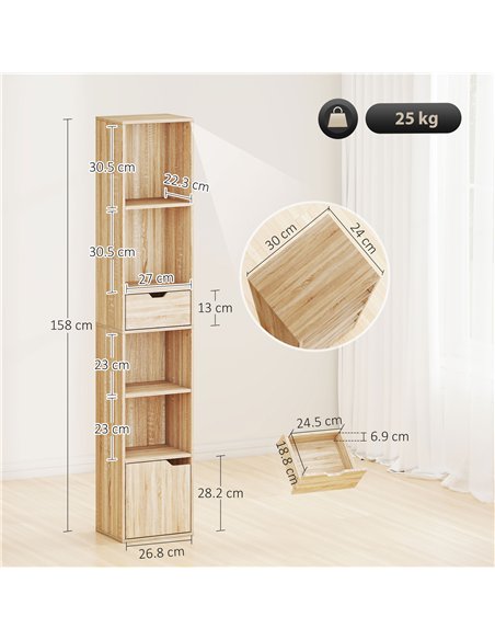 HOMCOM 6-Tier Bookcase, Tall Narrow Bookshelf with Drawer and Door - Natural Wood Finish - pic 169253 | FastDaddyshop