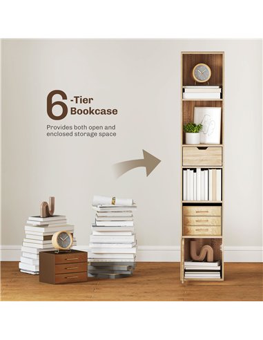 HOMCOM 6-Tier Bookcase, Tall Narrow Bookshelf with Drawer and Door - Natural Wood Finish