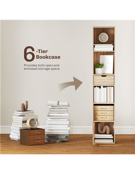 HOMCOM 6-Tier Bookcase, Tall Narrow Bookshelf with Drawer and Door - Natural Wood Finish - pic 169254 | FastDaddyshop