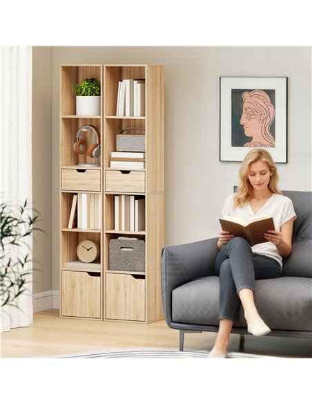 HOMCOM 6-Tier Bookcase, Tall Narrow Bookshelf with Drawer and Door - Natural Wood Finish - pic 169257 | FastDaddyshop