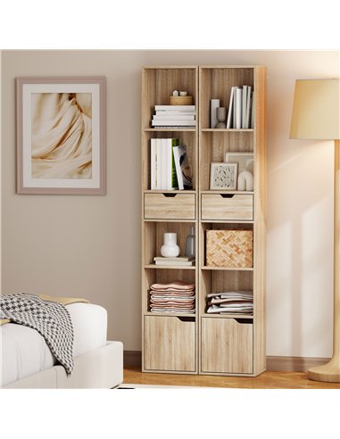 HOMCOM 6-Tier Bookcase, Tall Narrow Bookshelf with Drawer and Door - Natural Wood Finish
