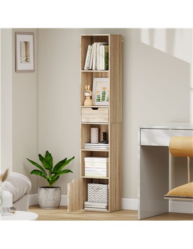 HOMCOM 6-Tier Bookcase, Tall Narrow Bookshelf with Drawer and Door - Natural Wood Finish