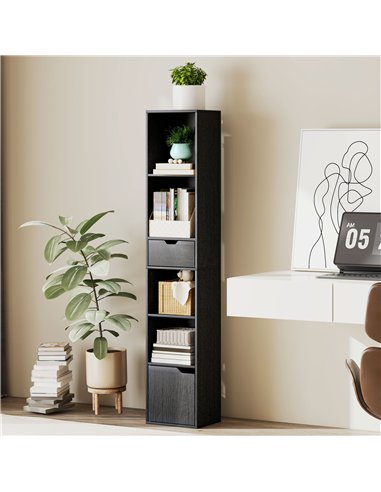HOMCOM 6-Tier Bookcase, Tall Narrow Bookshelf with Drawer and Door - Black