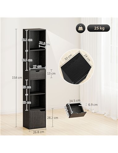 HOMCOM 6-Tier Bookcase, Tall Narrow Bookshelf with Drawer and Door - Black