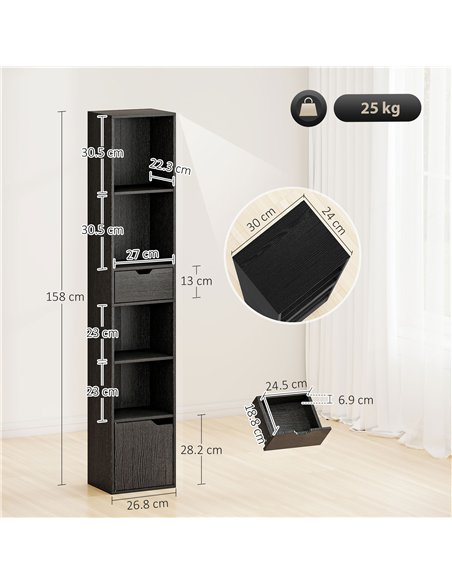 HOMCOM 6-Tier Bookcase, Tall Narrow Bookshelf with Drawer and Door - Black - pic 169262 | FastDaddyshop