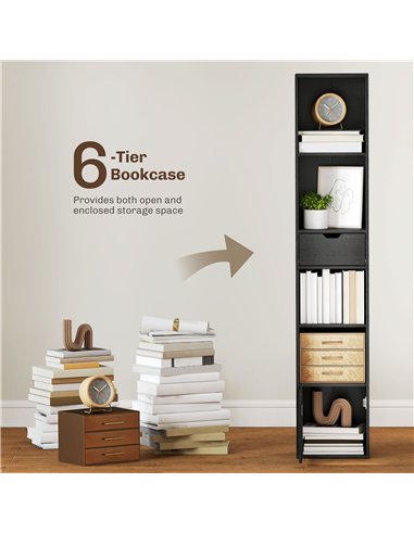 HOMCOM 6-Tier Bookcase, Tall Narrow Bookshelf with Drawer and Door - Black