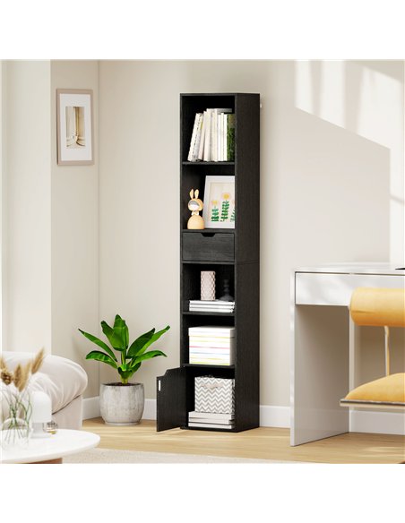 HOMCOM 6-Tier Bookcase, Tall Narrow Bookshelf with Drawer and Door - Black - pic 169268 | FastDaddyshop