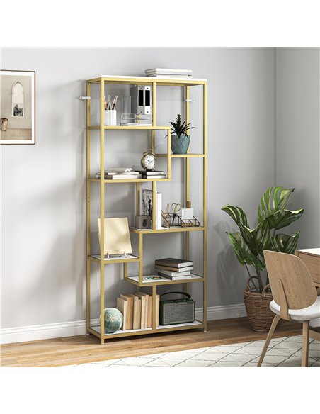 HOMCOM Seven-Tier Geometric Bookcase - White/Gold Tone - pic 169351 | FastDaddyshop