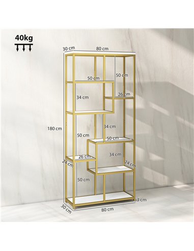 HOMCOM Seven-Tier Geometric Bookcase - White/Gold Tone