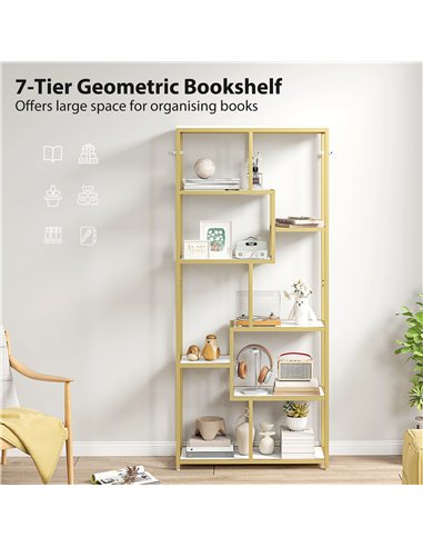 HOMCOM Seven-Tier Geometric Bookcase - White/Gold Tone