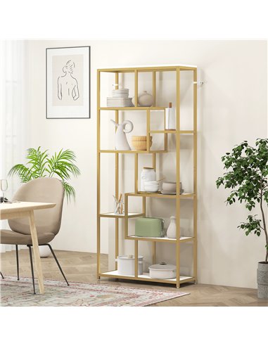 HOMCOM Seven-Tier Geometric Bookcase - White/Gold Tone