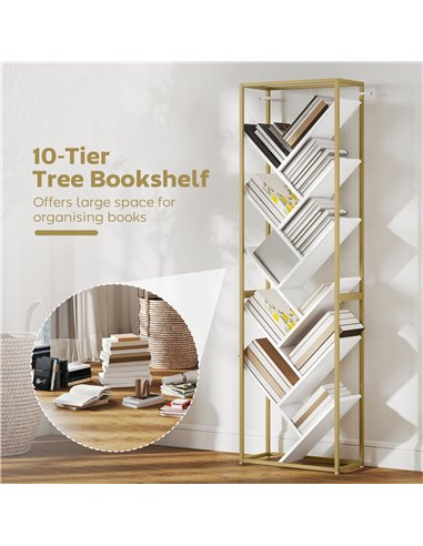 HOMCOM 10 Shelf Modern-Style Bookshelf - Gold Tone/White