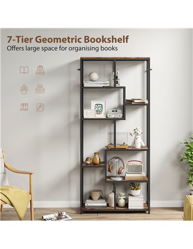 HOMCOM Seven-Tier Geometric Bookcase - Brown/Black