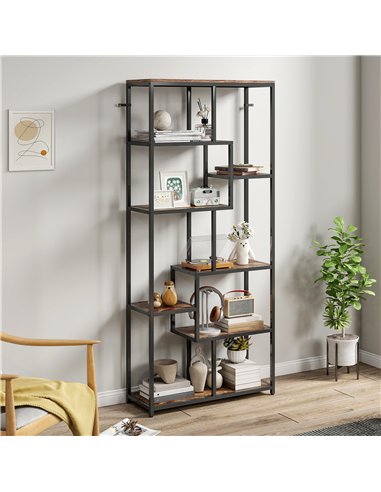 HOMCOM Seven-Tier Geometric Bookcase - Brown/Black