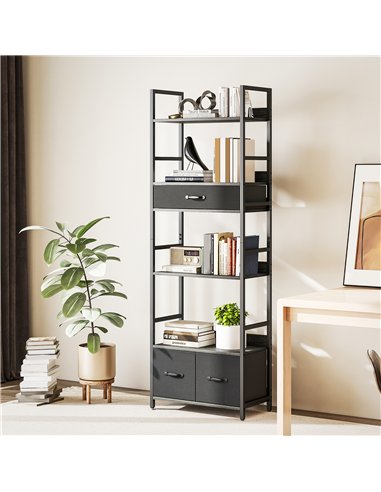 HOMCOM Industrial Style Bookcase, with 4 Shelves and 3 Fabric Drawers - Grey/Black