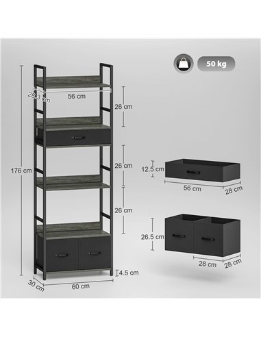 HOMCOM Industrial Style Bookcase, with 4 Shelves and 3 Fabric Drawers - Grey/Black