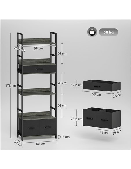 HOMCOM Industrial Style Bookcase, with 4 Shelves and 3 Fabric Drawers - Grey/Black - pic 169388 | FastDaddyshop