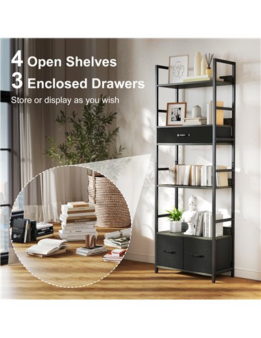 HOMCOM Industrial Style Bookcase, with 4 Shelves and 3 Fabric Drawers - Grey/Black