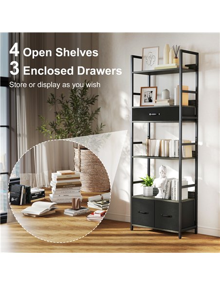 HOMCOM Industrial Style Bookcase, with 4 Shelves and 3 Fabric Drawers - Grey/Black - pic 169389 | FastDaddyshop
