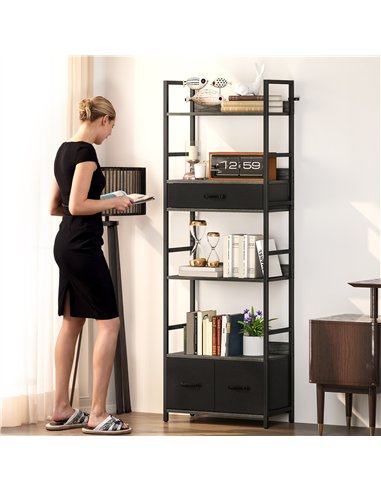 HOMCOM Industrial Style Bookcase, with 4 Shelves and 3 Fabric Drawers - Grey/Black