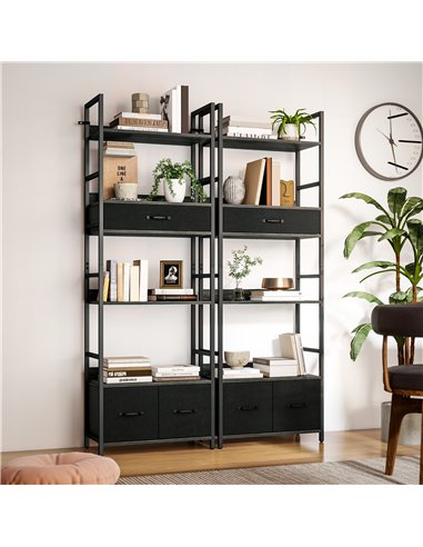 HOMCOM Industrial Style Bookcase, with 4 Shelves and 3 Fabric Drawers - Grey/Black