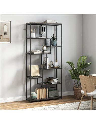 HOMCOM Seven-Tier Geometric Bookcase - Grey/Black