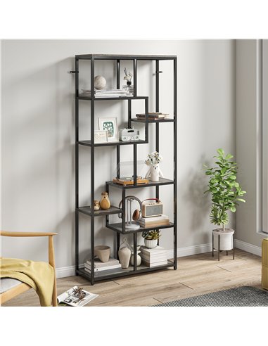 HOMCOM Seven-Tier Geometric Bookcase - Grey/Black