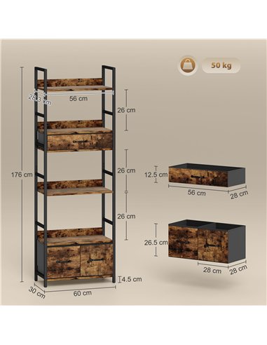 HOMCOM Industrial Style Bookcase, with 4 Shelves and 3 Fabric Drawers - Brown/Black