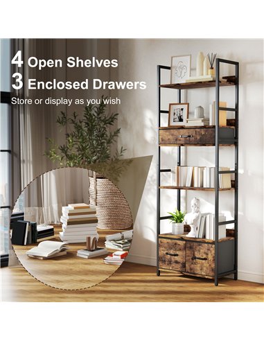 HOMCOM Industrial Style Bookcase, with 4 Shelves and 3 Fabric Drawers - Brown/Black