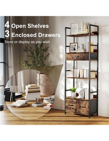 HOMCOM Industrial Style Bookcase, with 4 Shelves and 3 Fabric Drawers - Brown/Black - pic 169407 | FastDaddyshop