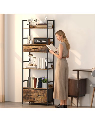 HOMCOM Industrial Style Bookcase, with 4 Shelves and 3 Fabric Drawers - Brown/Black