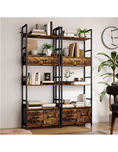 HOMCOM Industrial Style Bookcase, with 4 Shelves and 3 Fabric Drawers - Brown/Black