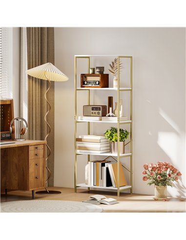 HOMCOM 5-Tier Bookshelf, Modern Bookcase with Metal Frame - White and Gold Tone