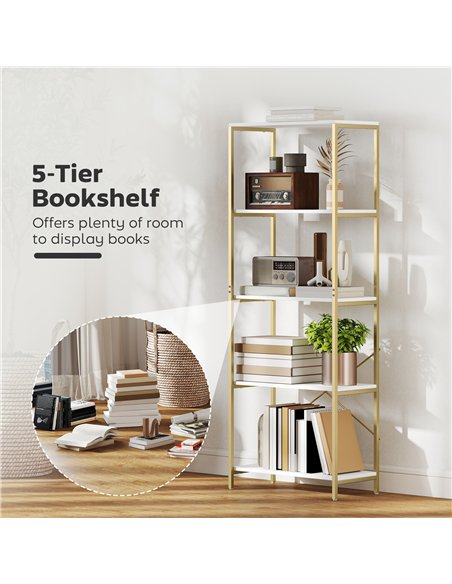 HOMCOM 5-Tier Bookshelf, Modern Bookcase with Metal Frame - White and Gold Tone - pic 169416 | FastDaddyshop
