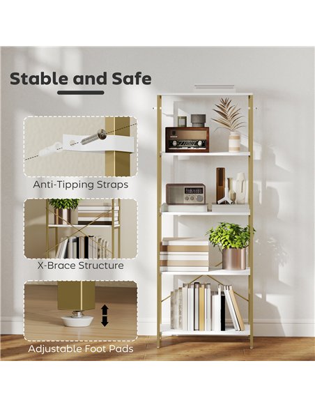HOMCOM 5-Tier Bookshelf, Modern Bookcase with Metal Frame - White and Gold Tone - pic 169417 | FastDaddyshop