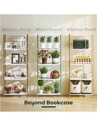 HOMCOM 5-Tier Bookshelf, Modern Bookcase with Metal Frame - White and Gold Tone