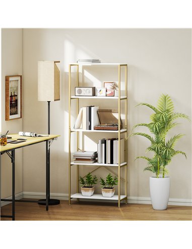 HOMCOM 5-Tier Bookshelf, Modern Bookcase with Metal Frame - White and Gold Tone