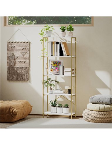 HOMCOM 5-Tier Bookshelf, Modern Bookcase with Metal Frame - White and Gold Tone