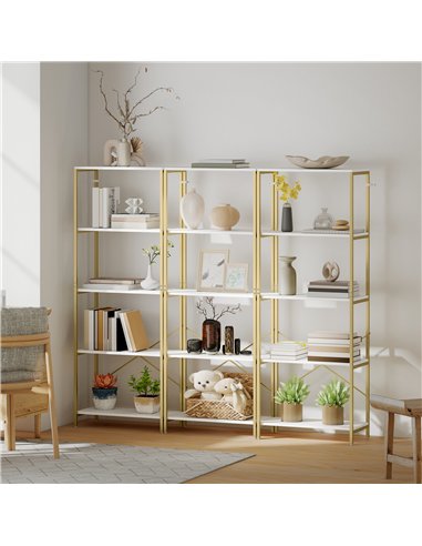 HOMCOM 5-Tier Bookshelf, Modern Bookcase with Metal Frame - White and Gold Tone