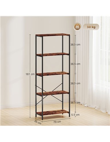 HOMCOM 5-Tier Bookshelf, Industrial Bookcase with Metal Frame - Rustic Brown and Black