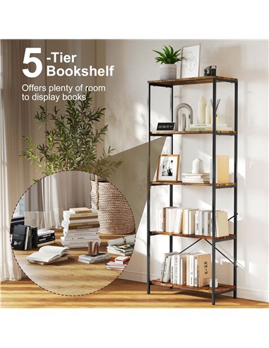 HOMCOM 5-Tier Bookshelf, Industrial Bookcase with Metal Frame - Rustic Brown and Black