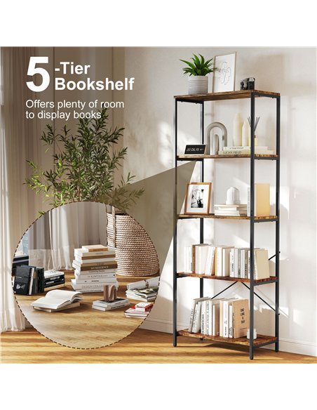 HOMCOM 5-Tier Bookshelf, Industrial Bookcase with Metal Frame - Rustic Brown and Black - pic 169425 | FastDaddyshop