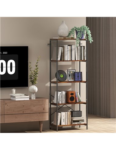HOMCOM 5-Tier Bookshelf, Industrial Bookcase with Metal Frame - Rustic Brown and Black