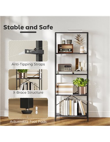 HOMCOM 5-Tier Bookshelf, Industrial Bookcase with Metal Frame - Dark Grey and Black