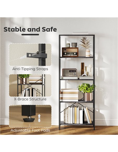 HOMCOM 5-Tier Bookshelf, Industrial Bookcase with Metal Frame - Dark Grey and Black - pic 169435 | FastDaddyshop