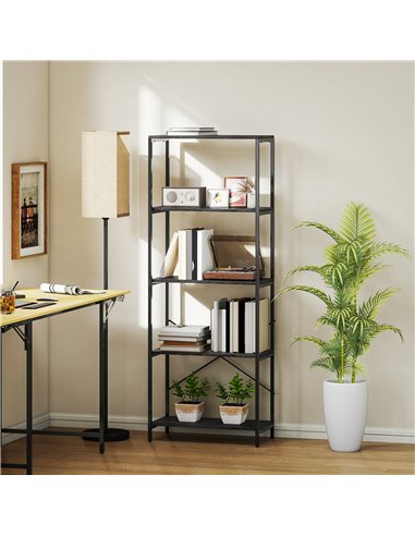 HOMCOM 5-Tier Bookshelf, Industrial Bookcase with Metal Frame - Dark Grey and Black