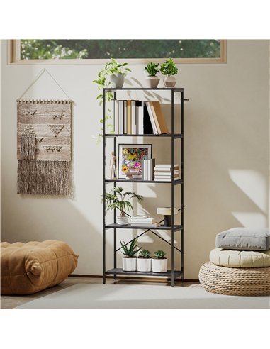 HOMCOM 5-Tier Bookshelf, Industrial Bookcase with Metal Frame - Dark Grey and Black