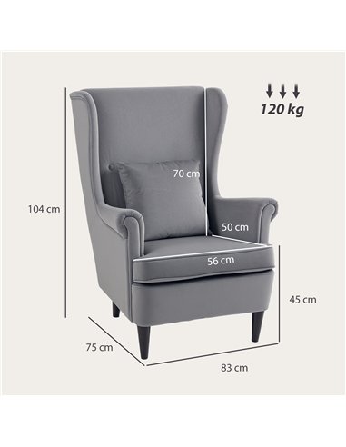 HOMCOM Modern Accent Chair, Upholstered Wingback Armchair with High Backrest and Pillow, Velvet-Feel Fabric Reading Chair with S