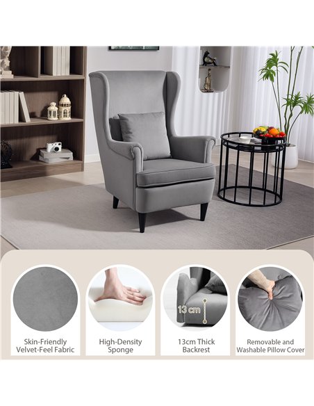 HOMCOM Modern Accent Chair, Upholstered Wingback Armchair with High Backrest and Pillow, Velvet-Feel Fabric Reading Chair with S - pic 169443 | FastDaddyshop